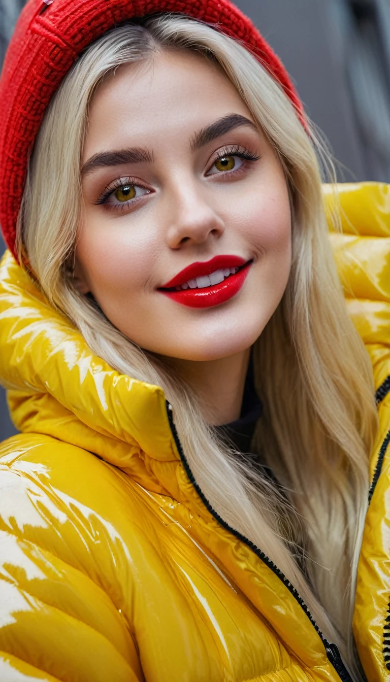 hyperrealistic beautiful busty 19-year-old woman with long legs wearing casual winter outfit with shiny yellow vinyl puffer coat, model shooting full body photography, bleached blonde very long straight hair, soaky wet skin, dark eye makeup with eyeliner, seductive smile, red lips, 8K, Best quality, Meisterwerk, ultra high resolution, (Realismus: 1.4), Originalfoto, (realistische Hautstruktur: 1.3), (Filmkorn: 1.3), (Selfie-Winkel), 1 girl, Beautiful round hazel eyes and facial details, Meisterwerk, Best quality, outdoor photography