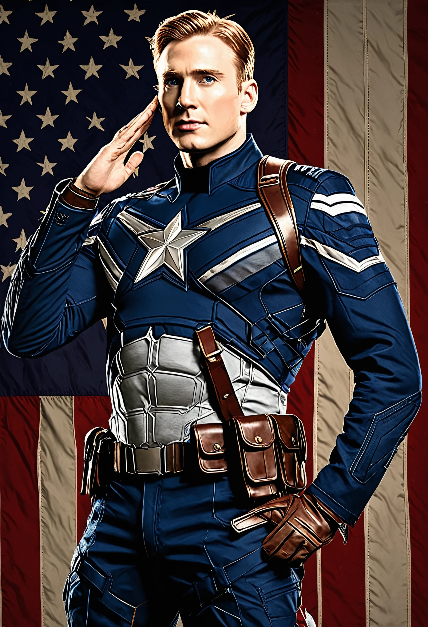 RAW photo, photo of AdolfHitler, in color, ((wearing Captain America suit)), (high detailed skin:1.2), 8k uhd, dslr, high quality, intricate detail, <lora:Adolf-Diffusion:0.8>