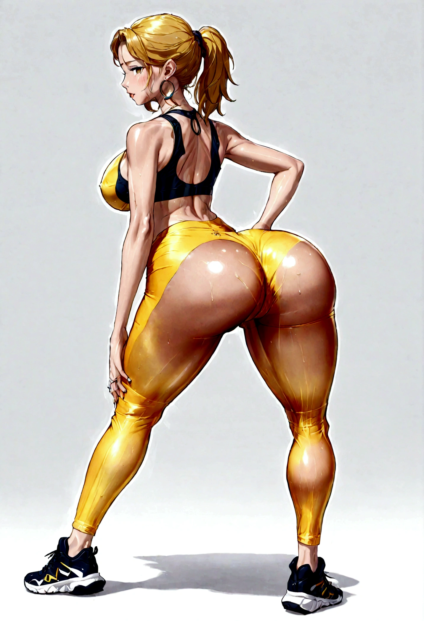 1 girl from behind, tight sports leggings, rear view, girl turning her back, translucent leggings, transparent wet clothing, wet girl, sports bra, sports shoes, buttocks, ass cameltoe, yellow hair, light skin, mature woman, ambiguous, background simple yellow,look back,leonardo,AGGA_STH001