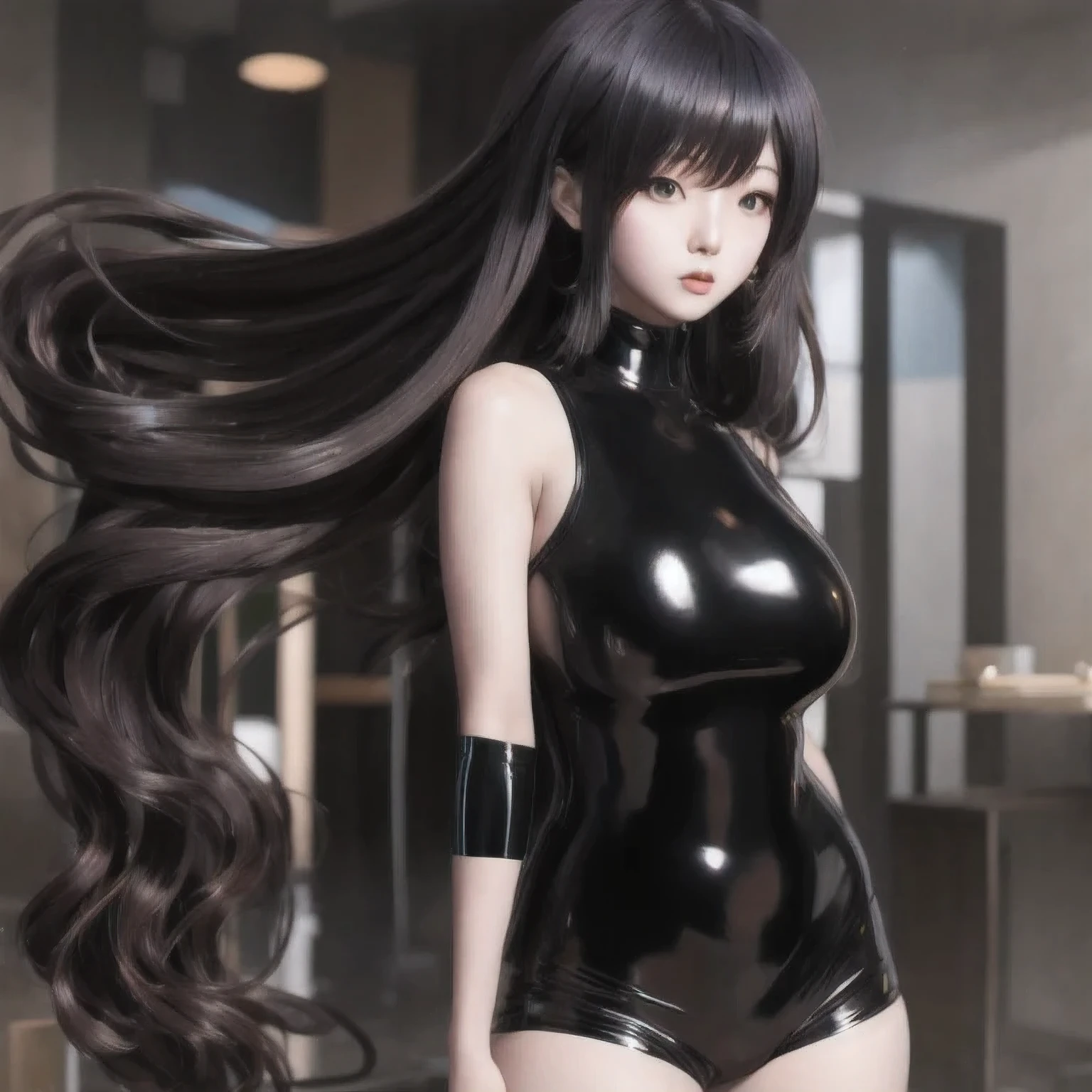 girl in a black latex outfit posing for a picture, seductive anime girl, Image Quality，photo  anime, oppo masterpiece, 3 d anime realistic, 4 K, artwork in the style of guweiz, thicc, oppai cyberpunk, , trending on cgstation, hyper realistic anime