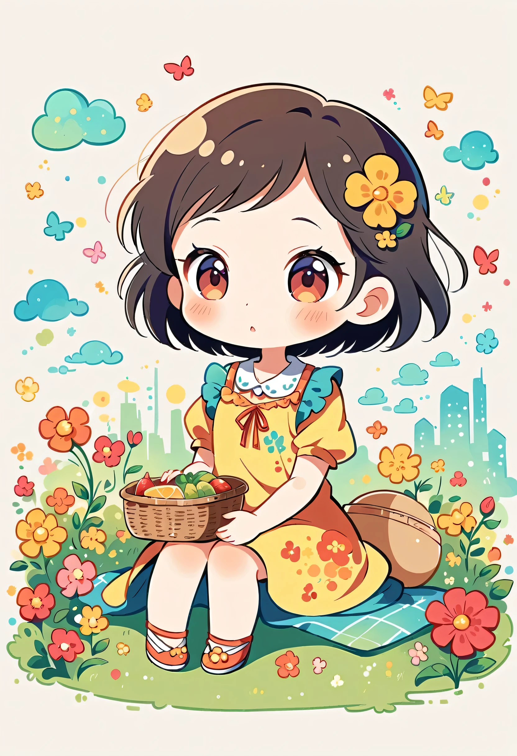 Yomu style, kawaii design,Dreams and Hopes,Simple Line Initialism,Abstract art,Urban Background, (((The most beautiful girl))), (((chibi))), picnic, colorful flowers