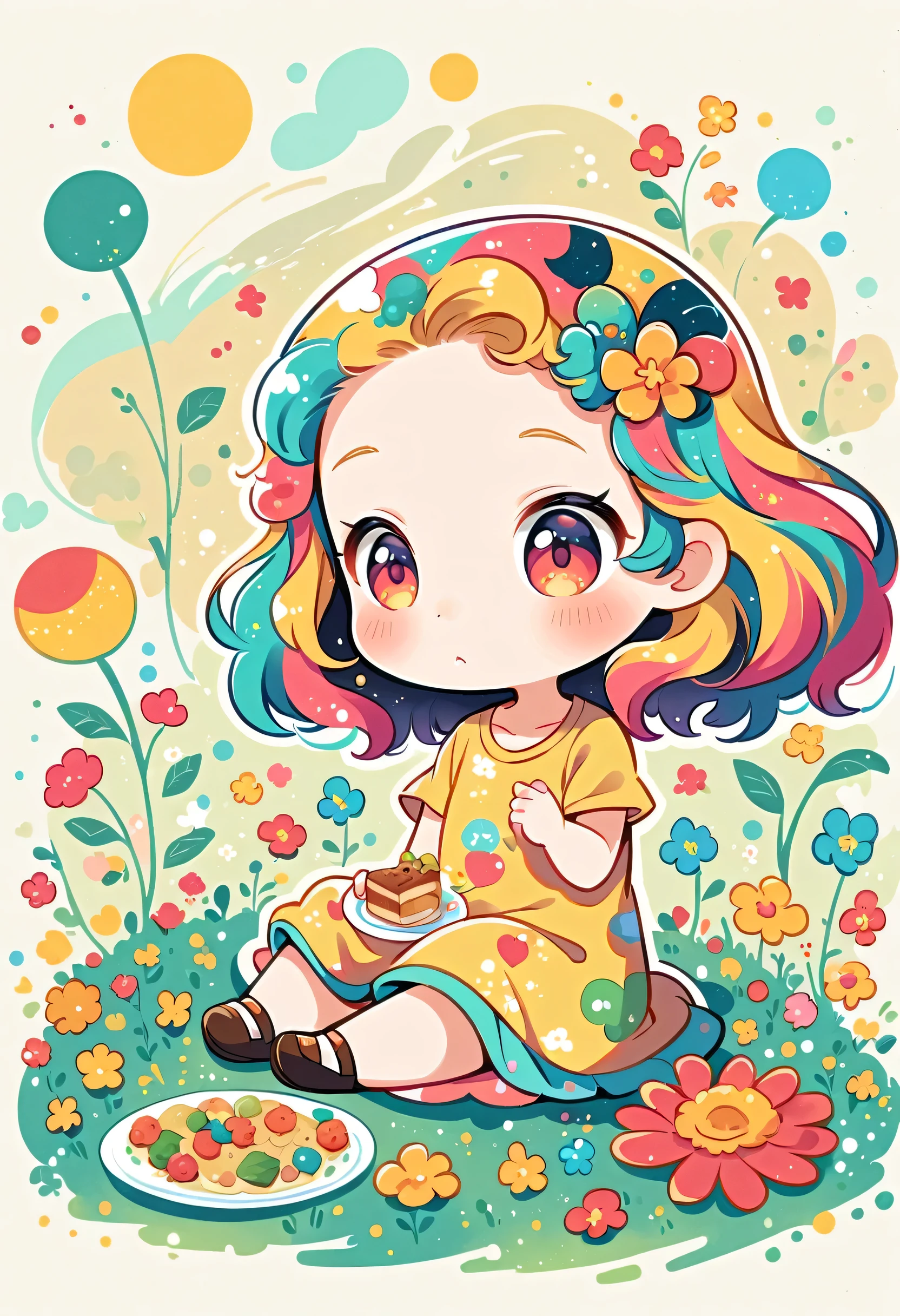 Yomu style, kawaii design，Dreams and Hopes，Simple Line Initialism，Abstract art，Urban Background, (((The most beautiful girl))), (((chibi))), picnic, colorful flowers