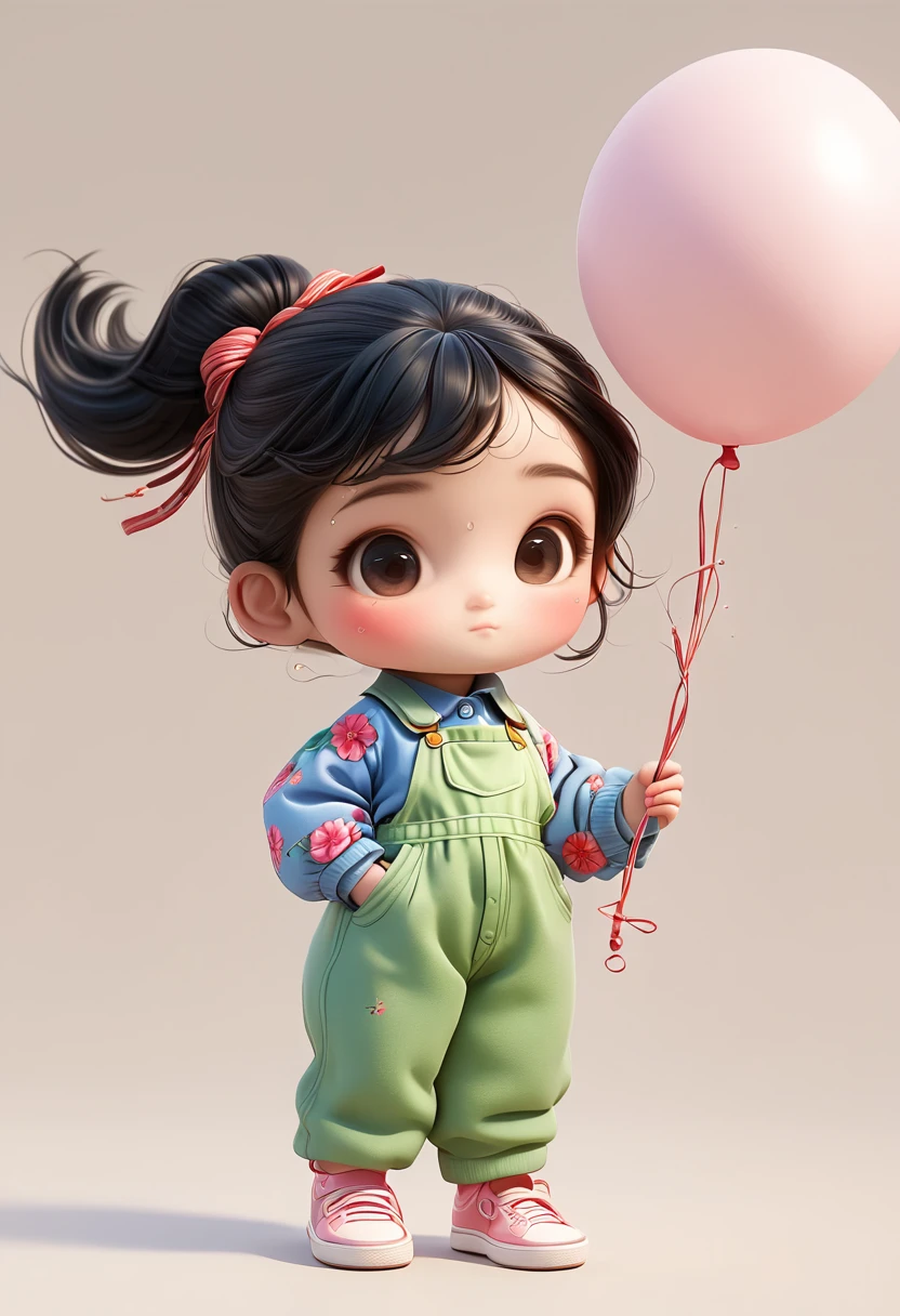 3D，1. ，scarf，Unique，Black hair，Chinese，Overalls，Floral shirt，Cartoon Style，Solid color background，