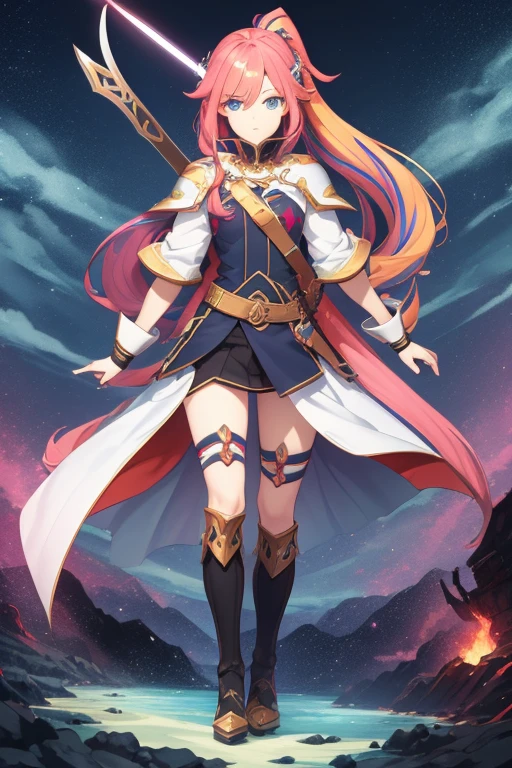 The War Games of Zelos, many girls, colorful hair, knight, ponytail, colorful hair, colorful eyes, Appearance at birth, multi pose of drawing a sword, Delighted, group, full body shot.,