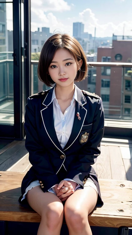 lens: 135mm f1.8, (Highest quality), (Beautiful 14 year old Japanese girl), (Moisturized lips), Narrow eyes, double eyelid, Delicate clavicle, Flat Chest , Embarrassed about my small, undeveloped breasts, smile, (Spotted sunlight: 1.2), Professional Lighting, (Petite figure), (Sunburned skin: 0.2), Full body photo, Full Body Focus, (Kneeling)、A neat and tidy honor student、Slender body、(A  with a navy blue blazer:1.5)、Boyish very very short hair、Stylish white bedroom、Ribbon on chest、Sweep all your hair back、ponytail