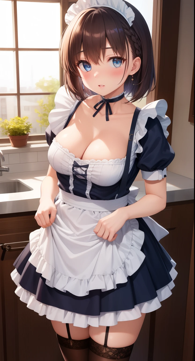 masterpiece, best quality, highly detailed, ultra high res, aichan, large breasts, 1girl, solo, blue eyes, short brown hair, side braid, glossy lips, maid, collarbone, cleavage, short puffy sleeves, small maid apron, thigh highs, choker, very short skirt
