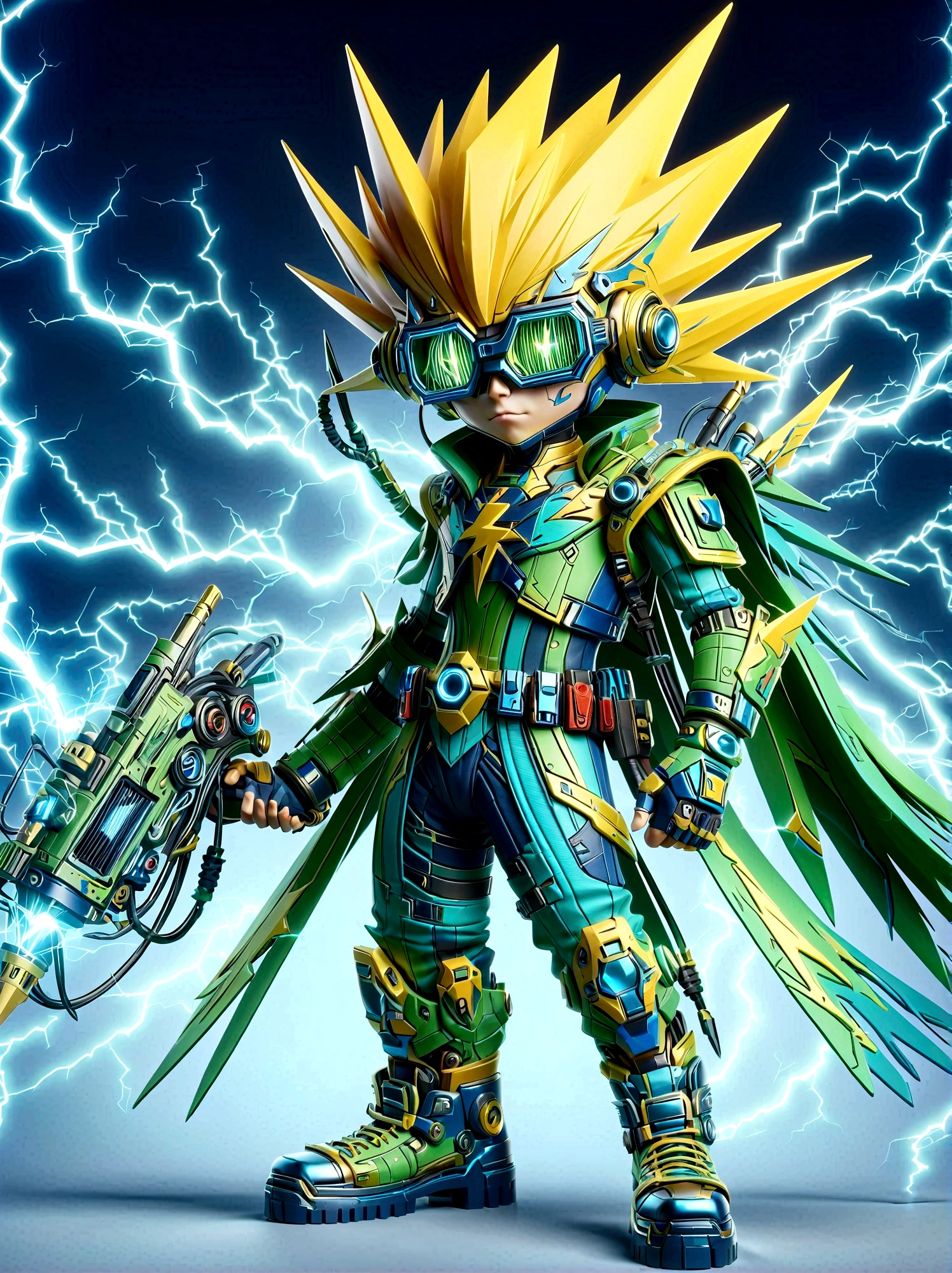 1boy, solo, Lightning energy,Electricity elements,Wearing a pointed headdress,Wearing large rectangular glasses,Blue Highlight Lightning,Wearing bright blue and green square clothing,High heel boots,Holding an electric weapon,Space starry sky background,Galactic battleship,Fighting Stance,Explosion,Best quality,Original,whole body,Cartoon Style,3D character rendering,Created with C4D and Blender,precise,Blind box toy style,Super Detail,Anatomically correct,masterpiece, 1djxz1