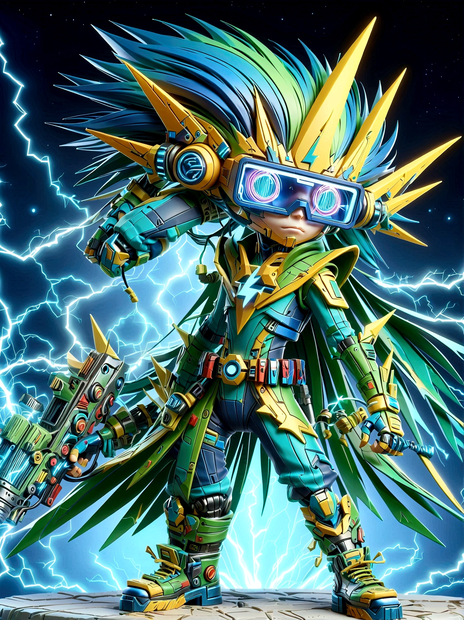 1boy, solo, Lightning energy，Electricity elements，Wearing a pointed headdress，Wearing large rectangular glasses，Blue Highlight Lightning，Wearing bright blue and green square clothing，High heel boots，Holding an electric weapon，Space starry sky background，Galactic battleship，Fighting Stance，Explosion，Best quality，Original，whole body，Cartoon Style，3D character rendering，Created with C4D and Blender，precise，Blind box toy style，Super Detail，Anatomically correct，masterpiece, 1djxz1