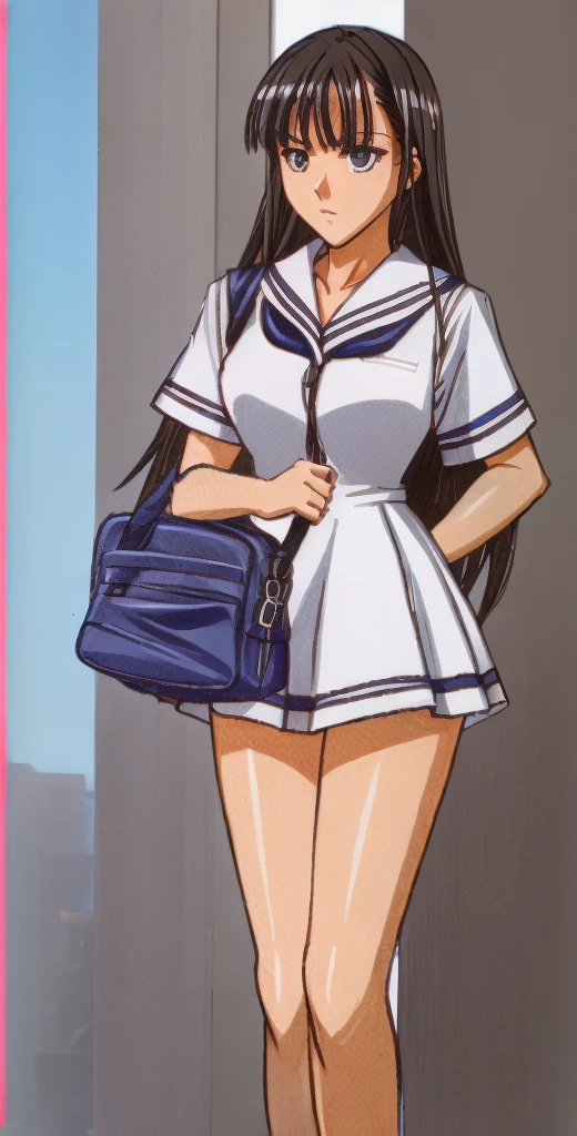 Mizushima Asa, a busty woman with beautiful legs, is standing on a bus in a miniskirt uniform, glaring at the middle-aged businessman next to her.。