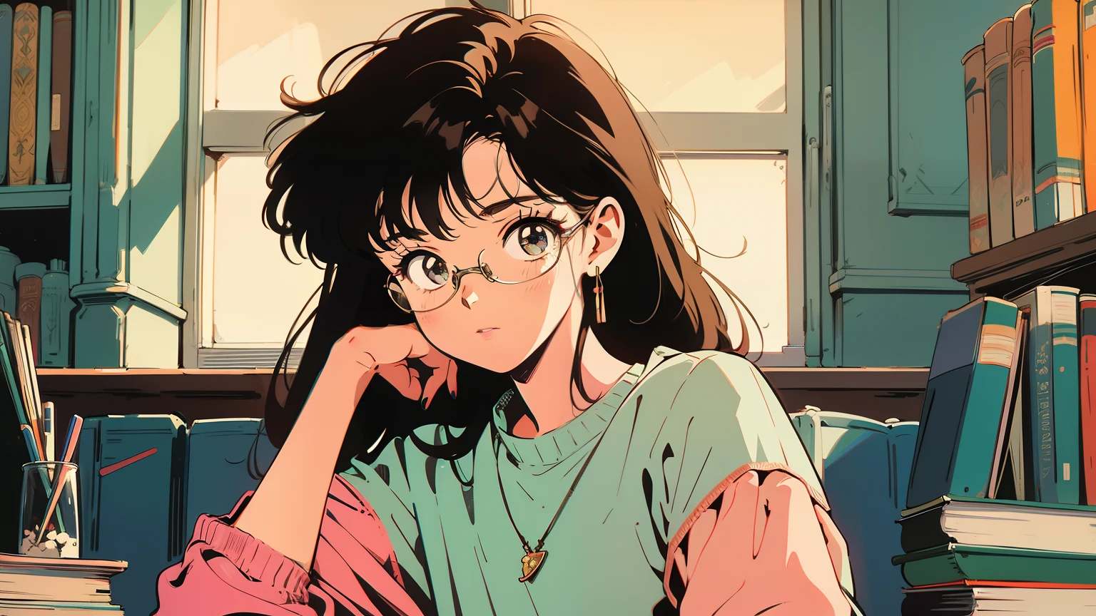 best quality, 4K wallpaper, masterpiece, extremely detailed CG unity 8k wallpaper, extremely detailed eyes, ultra-detailed, intricate details, retro, Brown hair, a girl in glasses, a library, a book, a distant view, head to waist