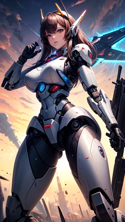 Textured skin, Super Detail, high details, High quality, Best Quality, hight resolution, 1080p, hard disk, Beautiful,(cyborgs),(Missiles from the chest),(Machine gun from both handeautiful cyborg woman,Mecha Cyborg Girl,Battle Mode,Girl with a Mecha Body,She wears a battle cyborg mech with a weapon,Fulll body Shot