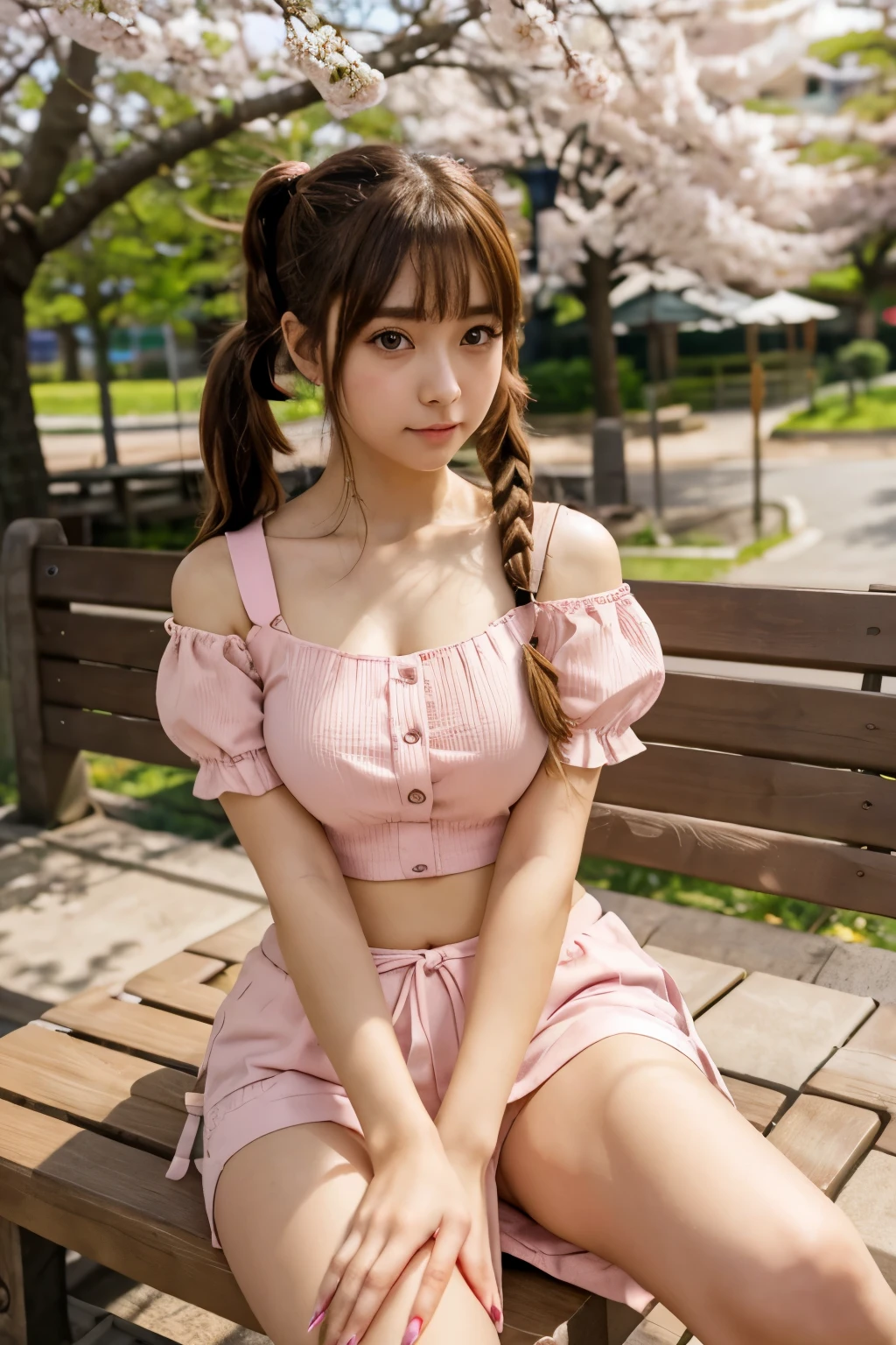 An anime girl with fair skin, waist length brown hair in pigtails and a lot of colorful hairclips beside her bangs, brown big eyes with a bit long eyelashes while wearing a pastel pink crop top with long, puffed sleeves and she has pink nails and she holding a dango while sitting on a bench under a sakura tree