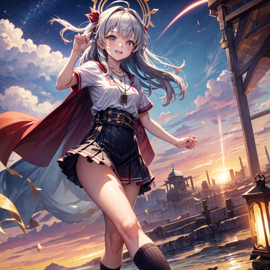 Red Blue Hair、Golden Eyes、Braid、One good looking girl、solo、anime、Checkered mini skirt、Ruffles on the skirt、Red T-shirt、Cape、Gothic、Black knee-high socks、Wearing a baseball cap、Wearing a ribbon、Ribbon on waist、Tilting face、Teeth are visible、Sunset sky、Piercing the clouds、Contrail、Cumulonimbus、Pillar of Light、Silver coin necklace、A world of light、shine、Tap from above、bell、torii、Desert Oasis、water is gushing out、Wearing a name tag、Sparks are flying