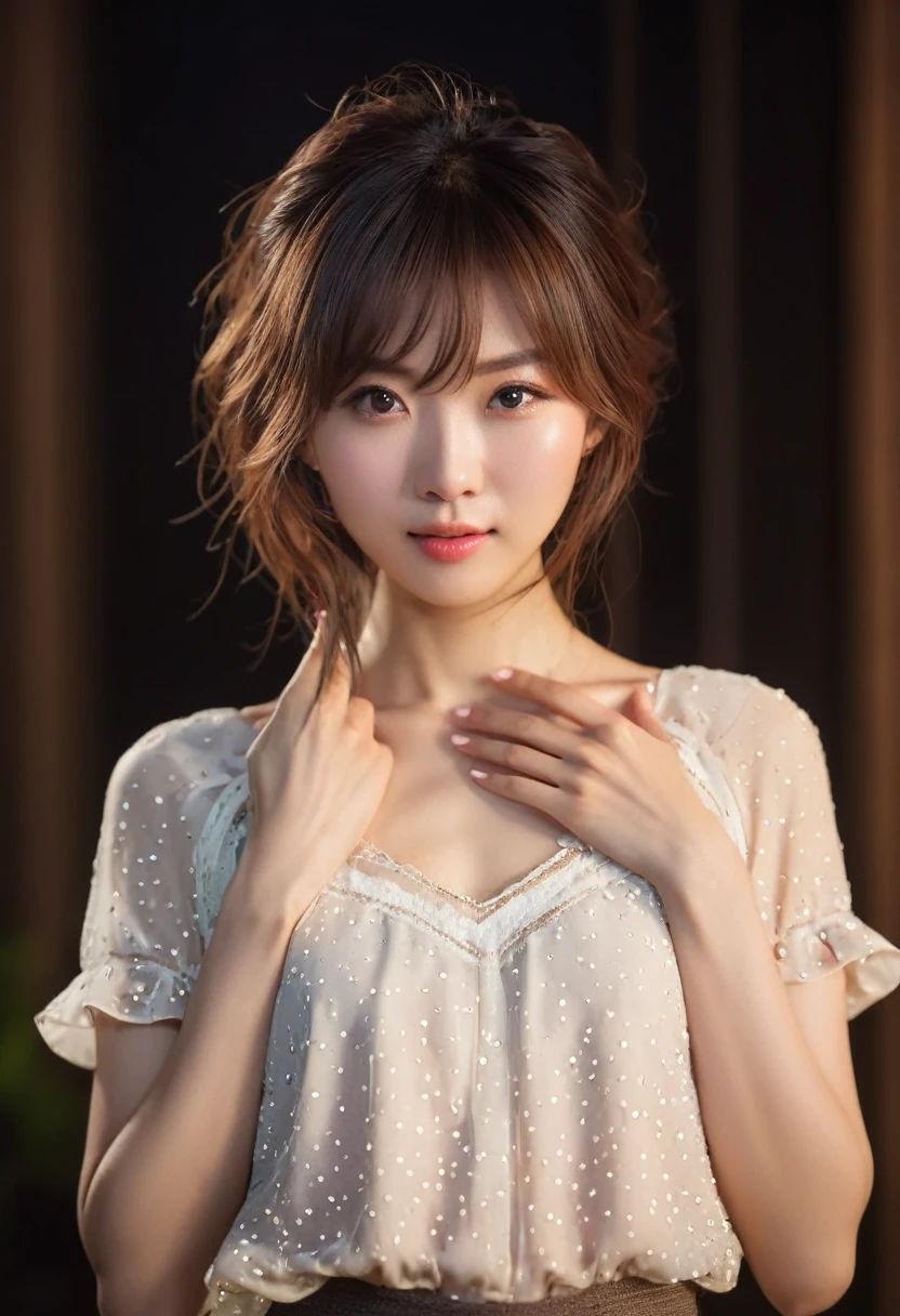 masterpiece, highest quality, 8k, One girl, The right human hand, Correct human finger, Skinny Japanese woman, cute, girly, Delicate woman, Pure beauty, Small breasts, Very small waist, Sexy lips, Illumination, avert your eyes, RAW Photos, 135mm, Canon, Anatomically correct, Bokeh,Textured skin, Professional photography, Soft Light, Professional Lighting, Backlight, ふilm grain, (Eye and facial details:1.0), Brown Hair, Medium length hair swaying in the wind, Silk blouse,