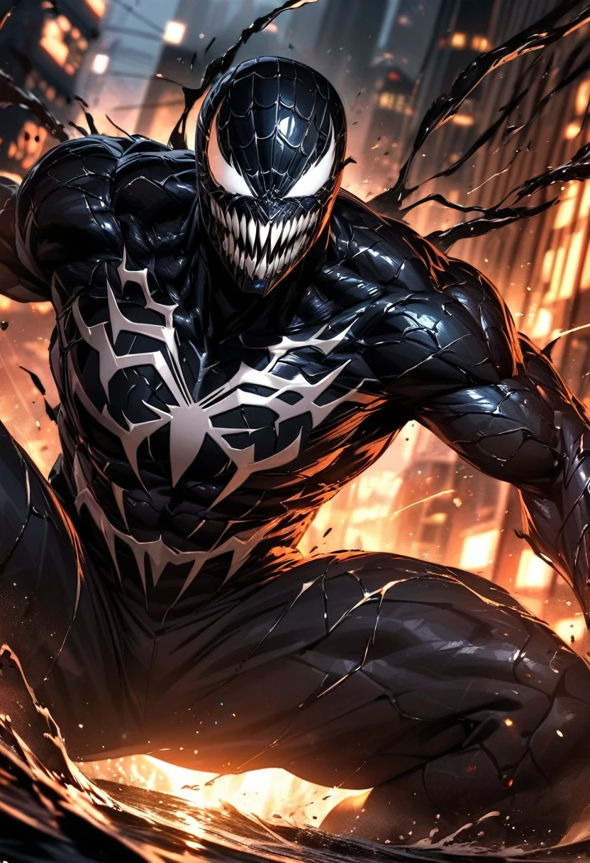 absurdres, highres, ultra detailed, HDR, masterpiece, extremely detailed face and eyes,Spiderman Venom,white eyes,, , solo, man, handsome, ,, , Epic fight scene, black water effect, black lightning effect,glowing glitters