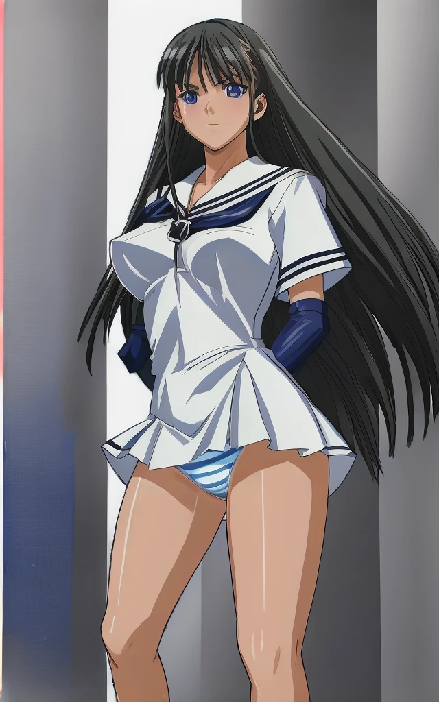 Mizushima Asa, a woman with big breasts and beautiful legs, is standing in a miniskirt uniform, her light blue and blue striped panties visible, glaring at the middle-aged office worker beside her.。