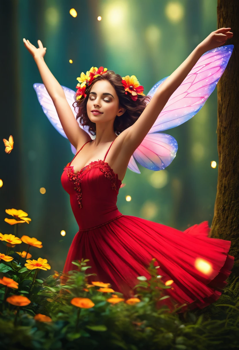 pam-flwr uma pequena fada fofa feita de flores,Flying in a magical forest, Bokeh,altamente detalhado,realista,realista,studio photo,altamente detalhado,dynamic,cinematic,Obra de arte,intricado,HDR,fractal abstrato, romantic atmosphere