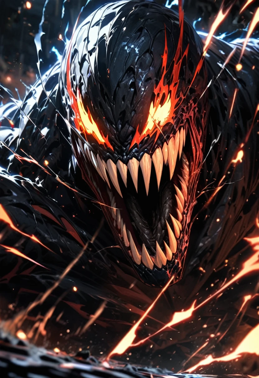 Symetrical,absurdres, highres, ultra detailed, HDR, masterpiece, extremely detailed face and eyes,Venom,,,  , solo, man, handsome, ,, , Epic fight scene, black water effect, black lightning effect,glowing glitters