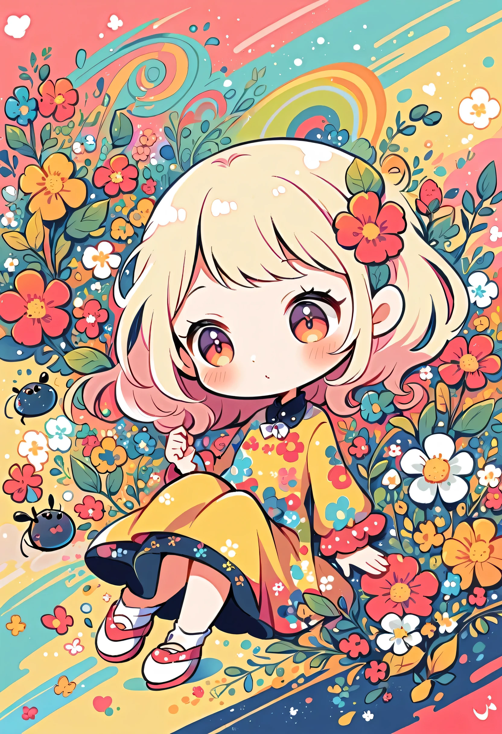 Yomu style, kawaii design,Dreams and Hopes,Simple Line Initialism,Abstract art,Urban Background, (((The most beautiful girl))), (((chibi))), picnic, colorful flowers, Colorful and cute pillbugs