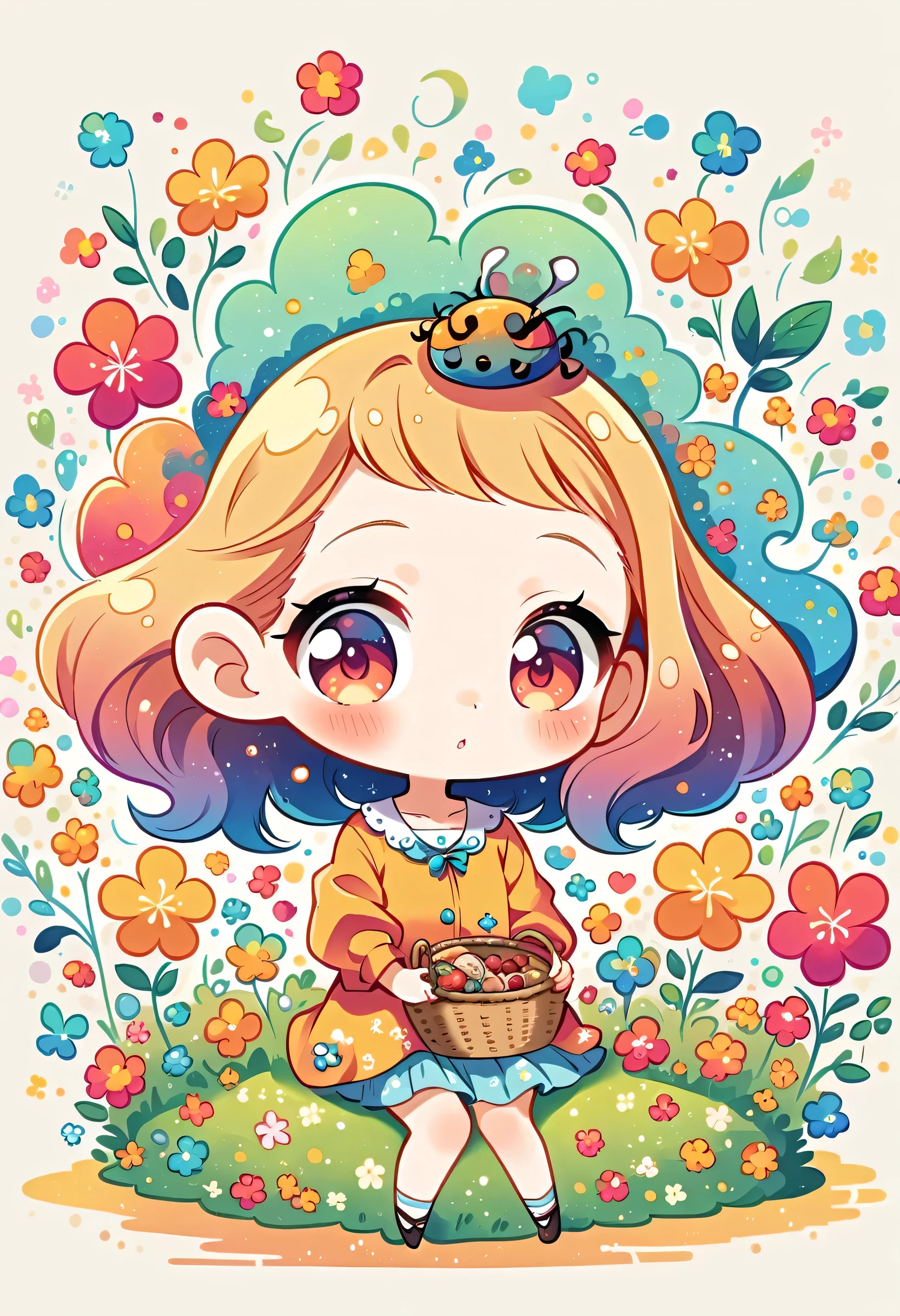 Yomu style, kawaii design,Dreams and Hopes,Simple Line Initialism,Abstract art,Urban Background, (((The most beautiful girl))), (((chibi))), picnic, colorful flowers, Colorful and cute pillbugs