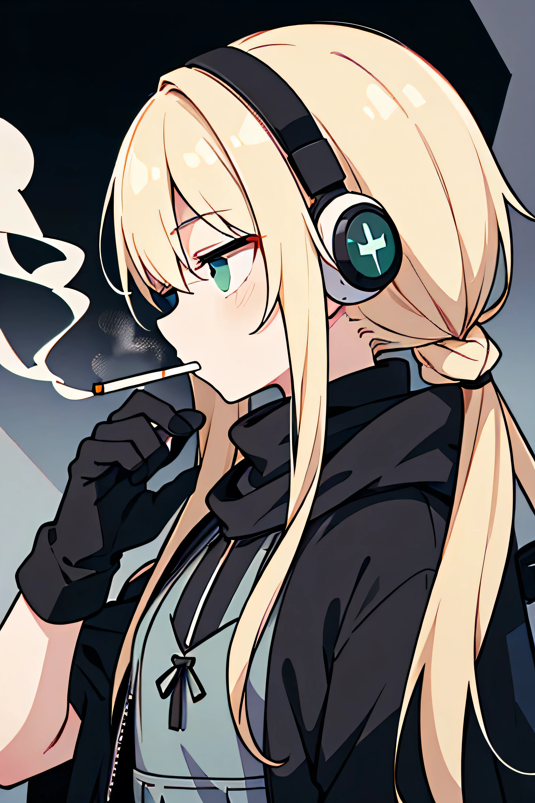 ((highest quality)), ((masterpiece)), (be familiar with), perfect face,white half-up hair,green mesh blonde、Smoke a cigarette、cool black hoodie,headphones,black gloves,turtleneck,alone,icon、profile、Right beside、Expressionless、