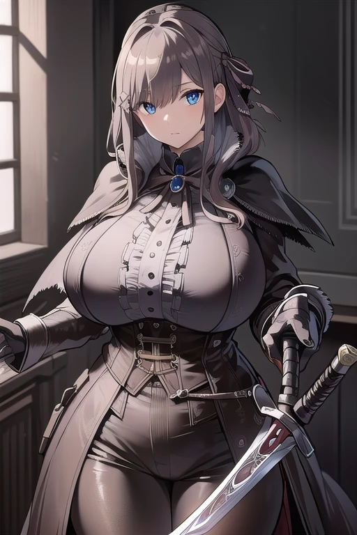 lulusuzuhara, lulu suzuhara, (cowboy shot:1.4), blue eyes, brown hair, hair ornament, hair over one eye, hair ribbon, ((huge breasts, curvy, gigantic breasts, gigantic sagging breasts)),
BREAK edgBB, (holding sword,:1.5),
black gloves, belt, coat, torn clothes, capelet, gauntlets,arms at sides, vambraces, black capelet, tricorn, hunter (bloodborne),
woman wearing edgBB_outfit,
BREAK looking at viewer,
BREAK indoors,
BREAK (masterpiece:1.2), best quality, high resolution, unity 8k wallpaper, (illustration:0.8), (beautiful detailed eyes:1.6), extremely detailed face, perfect lighting, extremely detailed CG, (perfect hands, perfect anatomy),
