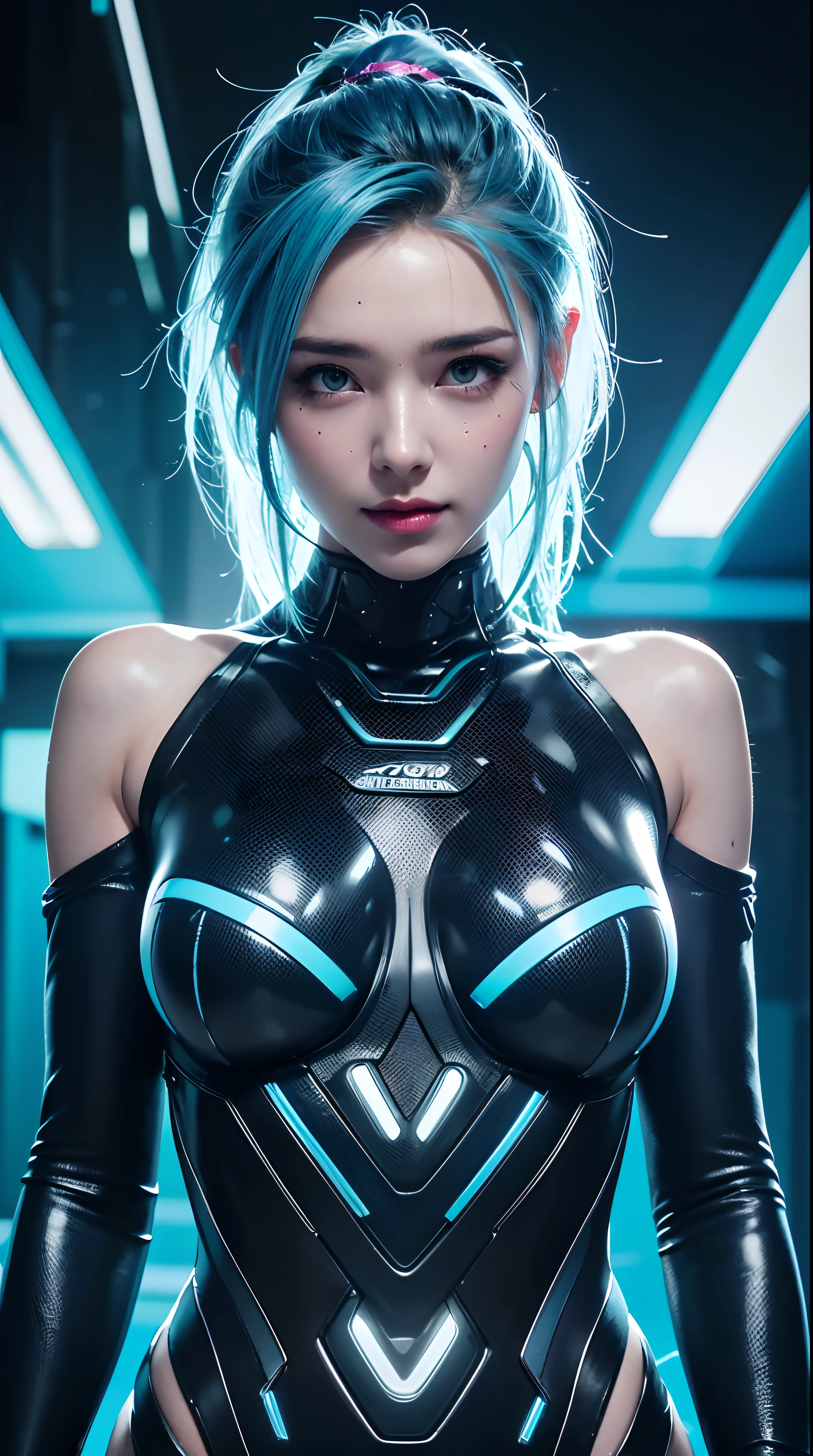 A happy 20 year old girl is wrapped in a cybernetic suit., Move with agility and precision., A bright glow that added a cyberpunk gleam to her appearance., (best quality,4k,hdr:1.2),realistic,Skin sweating,The face is slender and detailed.,Put on heavy makeup,stand,(((upper body))),small breasts,Piercing ears and flowing blue hair.