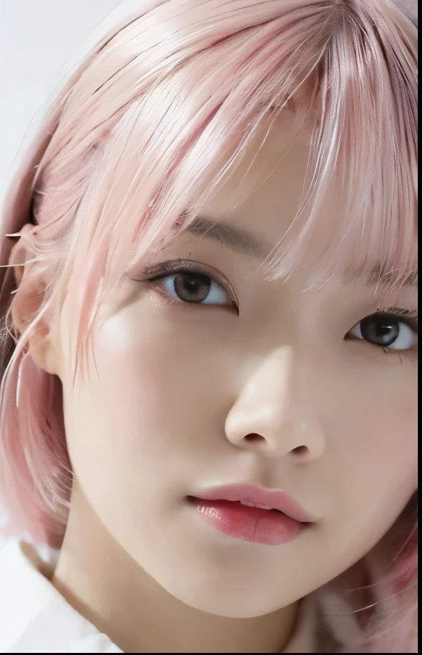 1 girl,Bust up shot:1.6、Wearing makeup:1.5、Pink Eyeshadow:1.6、No tear bags、Tabletop:1.8、 Focus the light on your face:1.4、Close-up of face:1.4、(Wear a strapless camisole:1.2), Very beautiful Japanese idol portraits, 
(RAW Photos, highest quality), (Realistic, Realistic:1.4), (masterpiece), 
Very delicate and beautiful, Very detailed, 2k wallpaper, wonderful, finely, Very detailed CG Unity 8K 壁紙, Very detailed, High resolution, Soft Light, 
Beautiful detailed girl, Very detailed目と顔, Beautiful and sophisticated nose, Big beautiful eyes, Cinema Lighting, 
(Simple light color background:1.3),
(Pink Hair:1.6)、(Shortcuts:1.6), (Parted bangs), 
Complete Anatomy, Slender body,Small breasts, Sensual look