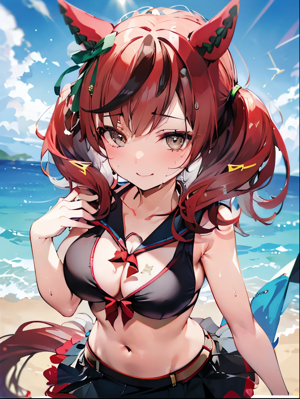 Absurd, High resolution,
break
looking at viewer, Cowboy Shot, (From above:1.5)
break
(Bright colors:1.3)
break
(One Girl:1.3), (change:1.2), (nicenature:1.5), (umamusume),(Upturned eyes, smile:1.2), nm1, (Black string bikini, Skirt-style bikini:1.5),(Cleavage), (胸s focus:1.3), (smile:1.3), Open your mouth, Round eyes,(blowing in the Wind:0.5), (Sweat around the girl, Dripping Sweat:1.3), Squall (Wind:1.2), Speed, 爽やかなWind, Motion Blur Effect, Wind
break
background is (Beach:1.3), (Stand in the center of the screen:1.3), Outdoor, Wind
break
sunlight, Nice views, Particles of light, Dynamic Angle, Dutch Angle, perspective
break
(Daytime, Sunbeam:1.2), Depth of written boundary, Bokeh, Light leakage, (chromatic aberration:1.2), noon
break