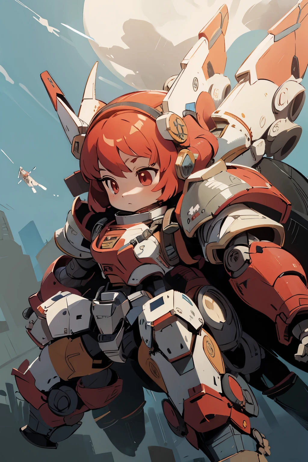 BREAK, ((masterpiece)), (((girl floating in the sky,))) vibrant colors, 8k, best quality, ultra detailed illustration, (large cute face), (short legs:1.2), high resolution, solo, Masterpiece, best quality, Mecha, perfect anatomy, ((from below)), bodysuit, red_eyes , chibi face, short hair, ((headgear)), robot joints, full armor, power armor, becoming a mecha, Fancy background, field, ((full body in frame, over size helm, flying, floating)), dynamic pose, fighting stance, ((low-angle)), ((low-angle view)), ((mechanical parts)), mechanical wings, (mechanical tail), mecha musume, full armor ,mecha musume, (RARS), (HRS), (full armor:2.0), (mecha armor:1.2) , (heroic parts:1.5), (huge shield:1.2), (battle-ready:1.2), (huge cannon:1.2), (huge-jetpack:2), (huger body:1.7), ((red coloring armor)), Heavy armament, heavy equipment, macro, close up, of the face, sharp focus, shining brightly hair, flawless skin textures, shiny oiled skin, extremely detailed anime eyes , extreme light and shadows, (blue sky), white clouds, looking down, BJ_Cute_Mech,mecha musume, mechanical parts, mecha warrior, headgear, robot joints, full armor, becoming a mecha, ((looking down, glowing eyes)), (looking down:2, grimace)