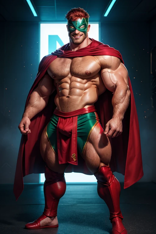 Generate a full-body image of a the superhero Mental Mind, as a 30 year old adult, highly detailed, real skin texture, with cinematic light. With the following details: red hair, charming smile with white teeth and green eyes. He is standing, wearing only a cape. Absolute monster of a bodybuilder. He has a muscular body, large hands, large biceps and a broad chest, very thick legs and hair on his body. Striking a pose that shows off his big calves. Psychic energy makes his eyes glow through his full metal mask
