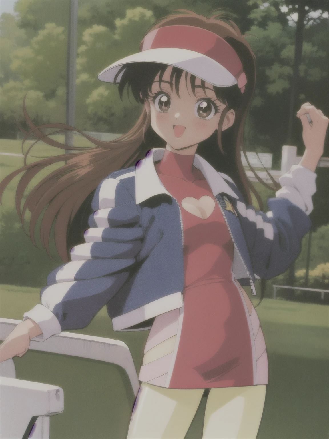 Assugodol, One girl, alone, Visor Cap, hair ornaments, Jacket, dress, pantyhose, Open your mouth, 1990s (style), smile, Cowboy Shot, Cleavage cutout, Race Queen, White underwear, Panty shot