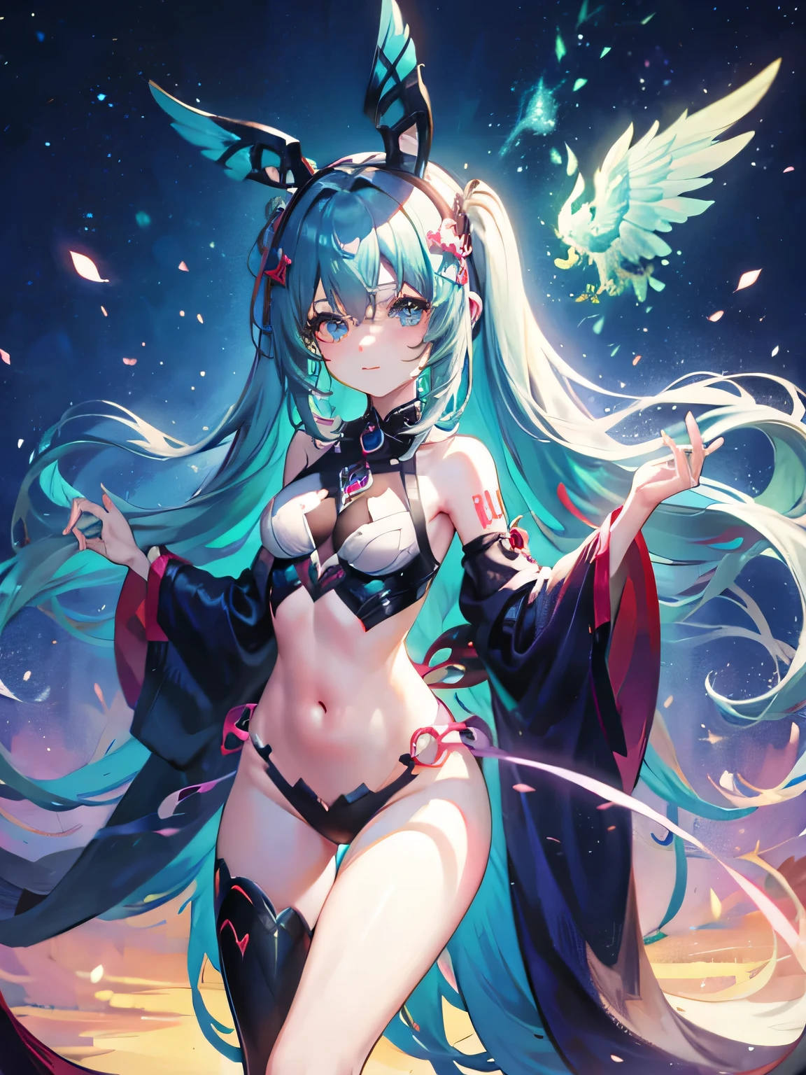 Hatsume miku x suicune ,ojos hermosos ((alta definicion)), fenix girl,art by dark natasha, jardin zen, art by dark natasha, art by vixen aztra, cuerpo completo, platas hermosas, cintura delgado, caderas amploas, piernas torneadas, hermosa, standing ((upper leg coquetamente)), HD face