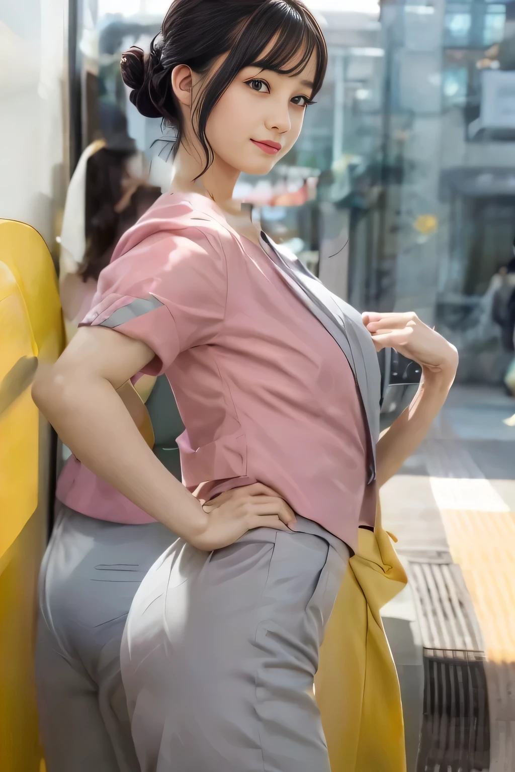 (masterpiece:1.2, highest quality:1.2), 32K HDR, High resolution, (alone、1 girl)、(On the rooftop of a building in the daytime、Professional Lighting)、Building rooftop background、(Nankai train crew uniform pinkを着たリアルスタイル)、(Nankai train crew uniform pink short sleeve pink jacket、Nankai Train Crew Uniform Pink Collarless Short Sleeve Blouse、Nankai Train Crew Uniform Pink Grey Knee-length Culottes)、Dark brown hair、(Hair tied up、Hair Bun、Hair Bun)、Dark brown hair、Long Shot、Big Breasts、Thin legs、((Great hands:2.0)),((Harmonious body proportions:1.5)),((Normal limbs:2.0)),((Normal finger:2.0)),((Delicate eyes:2.0)),((Normal eyes:2.0)))、smile、(Nankai Train Crew Uniform Pink Grey Knee-length Culottesを見せた美しい歩く姿)、Place your hands around your stomach、