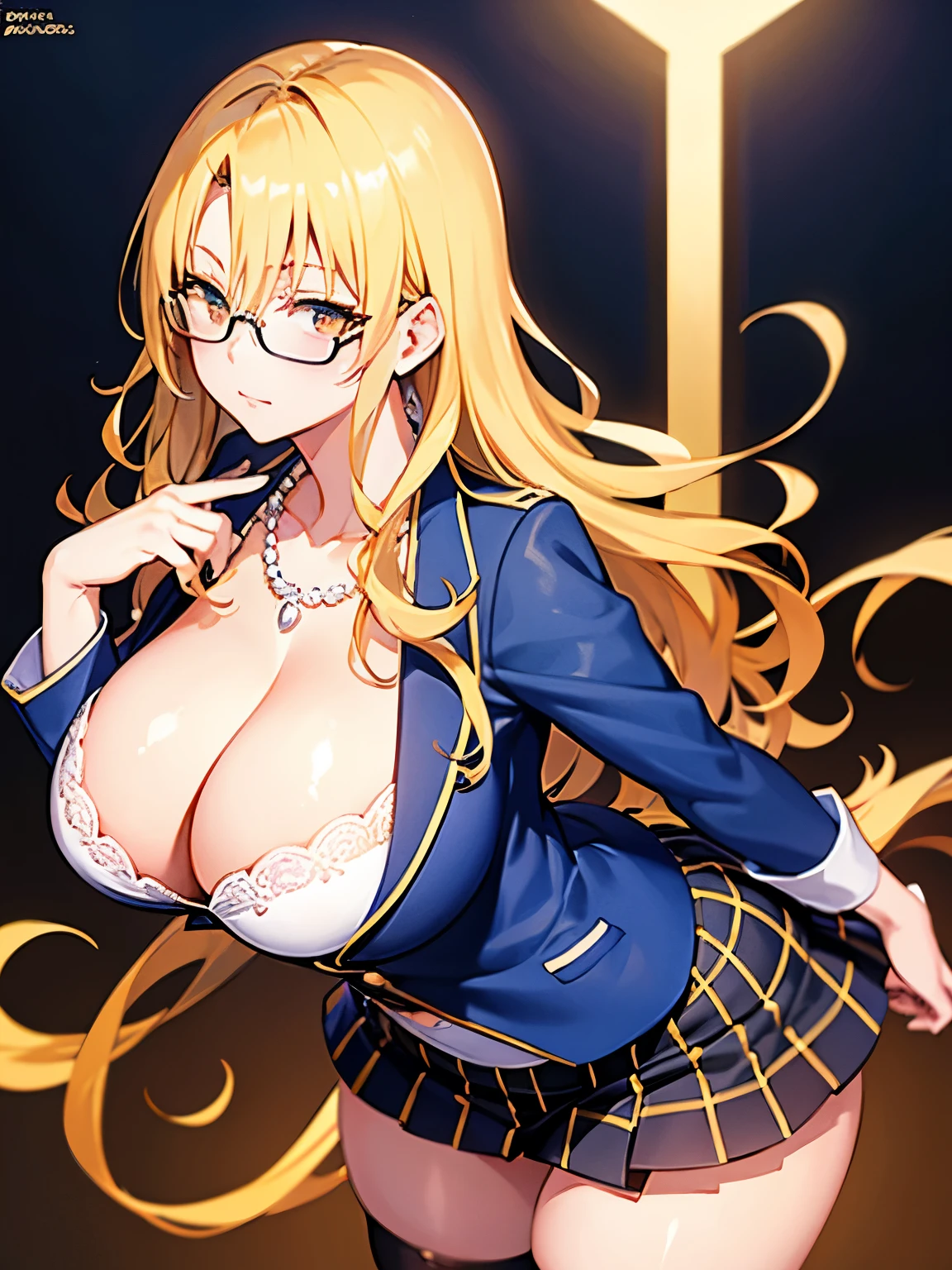 One female、blonde Medium Hair、Huge 、Plump Beautiful feet、Butt、watch、pearl necklace、Navy blue blazer Fluffy white blouse、leopard print bra、yellow Leopard print tight skirt、garter belt Fishnet tights、Blue T-back Lace pattern、Are standing slouch The gesture of pushing the breasts together、Promenade countryside、Embarrassed face、Date glasses、loafers
