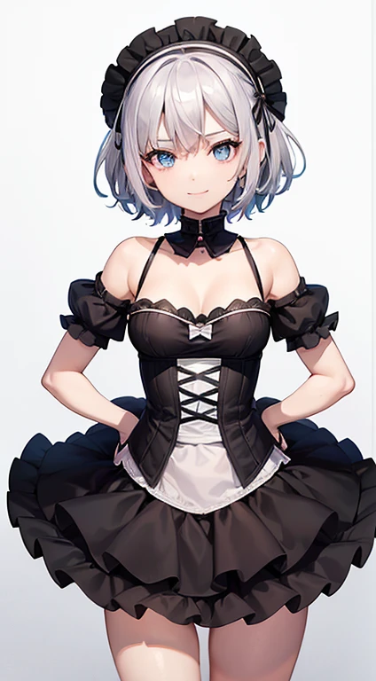 (Character Sheet), (whole body, Reference Sheet), Vtuber reference pose, Character A Pose, ( 1 girl ),((masterpiece)),(((highest quality))),((Character design sheet)), ((whole body画像)) figure,((Detailed face:1.4)) rough sketch, ,A seductive smile,Plain background, Clean background,8K,最高masterpiece,One woman,Dutch beauty,Ella Freya(Ella Freya),Smile,30 years old,Blue Eyes,White Hair,Short Bob Hair,(Gothic ta),Dutch beauty,Ella Freya(Ella Freya),(White panties),2b, short hair,Slender figure, Cleavage, Small breasts, Gray Hair, Black hair band,