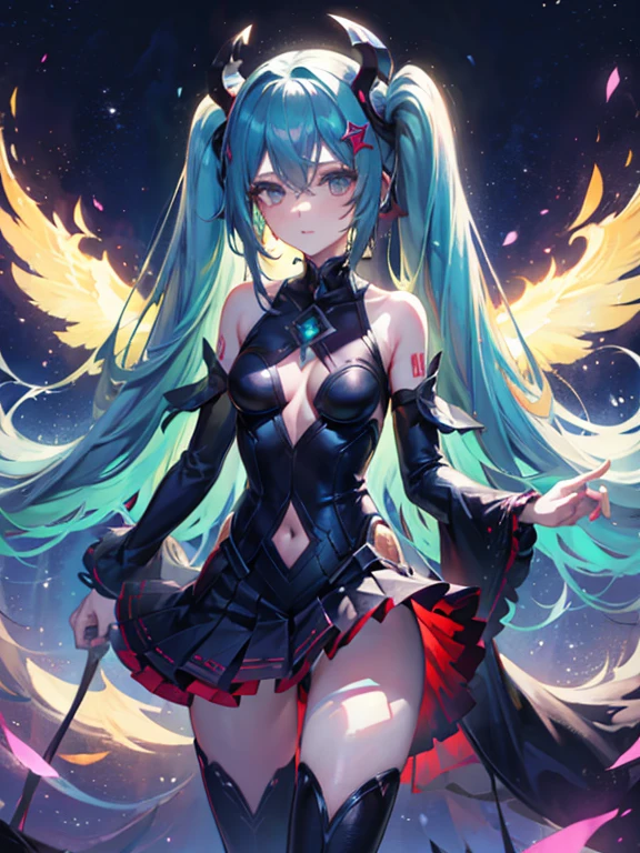 Hatsume miku x suicune ,ojos hermosos ((alta definicion)), fenix girl,art by dark natasha, jardin zen, art by dark natasha,  art by vixen aztra, cuerpo completo, ventido de demonio, alas de diablo, cintura delgado, caderas amploas, piernas torneadas, hermosa, standing ((upper leg coquetamente)), HD face