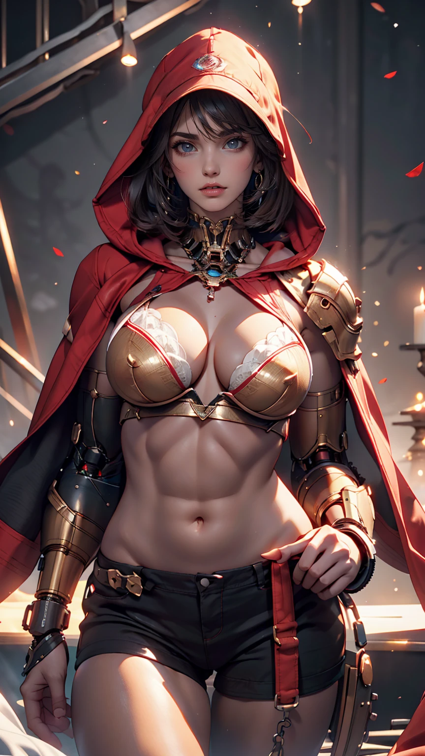 Cybernetic woman, A perfectly sculpted whole body, Realistic, My stomach is getting bigger, (large and perfect breasts), Neckline, 3D, Wearing a hood and cape on his head, Red visor on right eye, anime style 3D, ultra Realistic, High resolution,