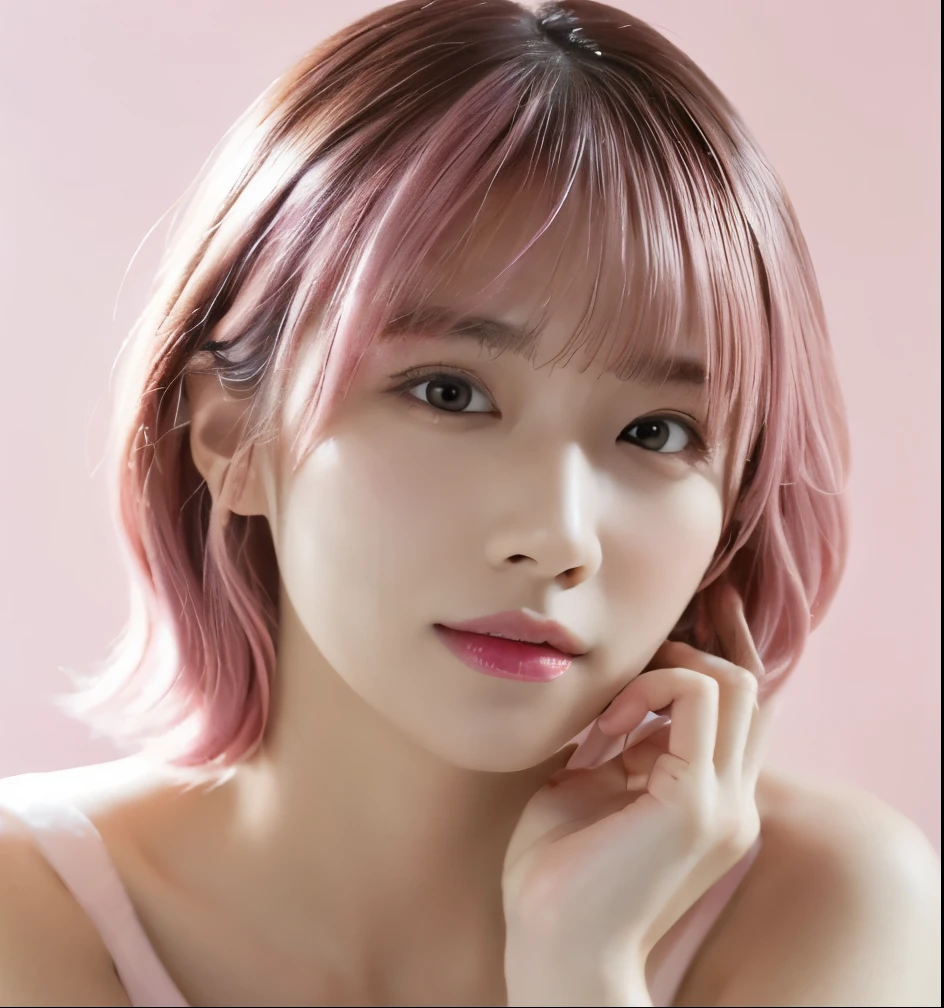 1 girl,Beautiful Korean Idol、Bust up shot:1.6、(Pink Hair:1.6)、(Shortcuts:1.6), (Parted bangs), Wearing makeup:1.5、Pink Eyeshadow:1.6、No tear bags、Tabletop:1.8、 Focus the light on your face:1.4、Close-up of face:1.4、(Wear a strapless camisole:1.2), Very beautiful Japanese idol portraits,
(RAW Photos, highest quality), (Realistic, Realistic:1.4), (masterpiece),
Very delicate and beautiful, Very detailed, 2k wallpaper, wonderful, finely, Very detailed CG Unity 8K 壁紙, Very detailed, High resolution, Soft Light,
Beautiful detailed girl, Very detailed目と顔, Beautiful and sophisticated nose, Big beautiful eyes, Cinema Lighting,
(Simple light color background:1.3)、
Complete Anatomy, Slender body,Small breasts, Sensual look