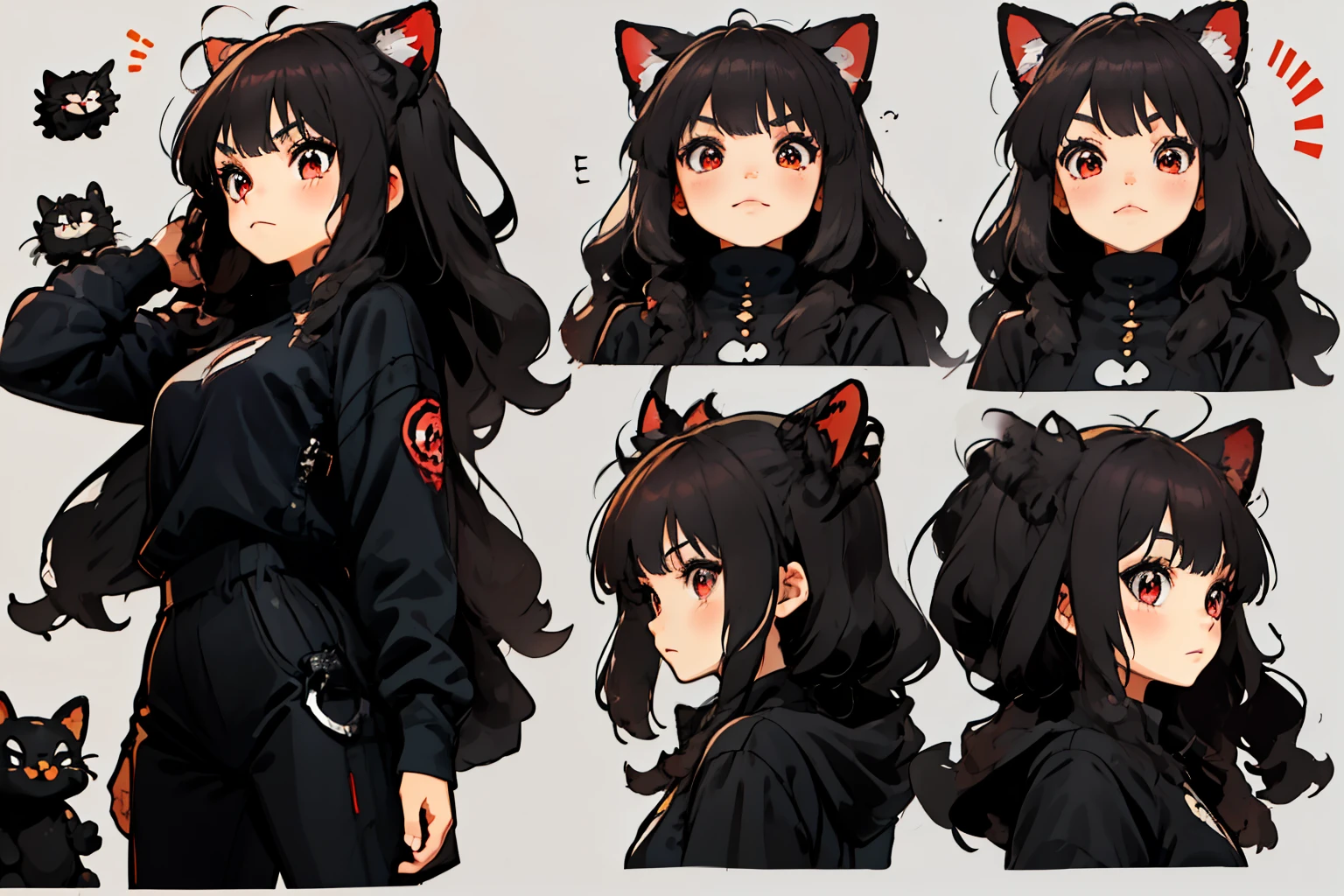 1 linda chica (junkotvv pelo negro con flequillo, orejas de gato, ojos rojos), 9 tables,9 poses y expresiones,Diferentes emociones,10