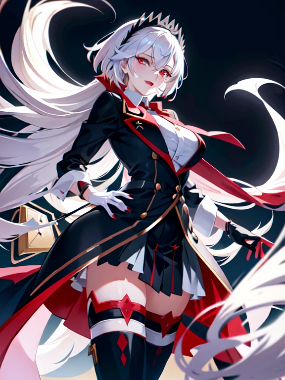 long white hair,Red high school student uniform top,red pupils,Black striped white stockings,Hold a katana to your chest,Domineering attitude,A look of disdain,whole body,Blue and white skirt,female high school student,human nature,hand on handle
