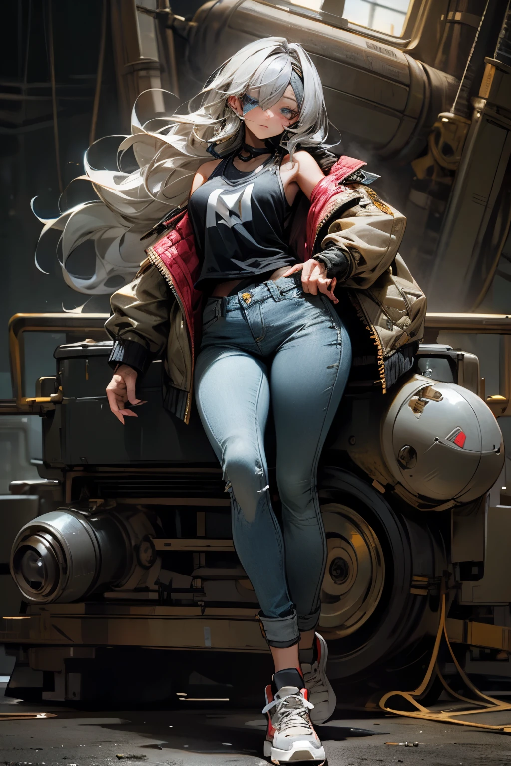 (masterpiece),highest quality,Super detailed,8k,Transistor Grammar,woman,Silver Hair,Blue Eyes,Expressionless,gigantic breast,Eye patch,Long Hair,Loose curls,jeans,Jacket,Tank top,sneakers,low length