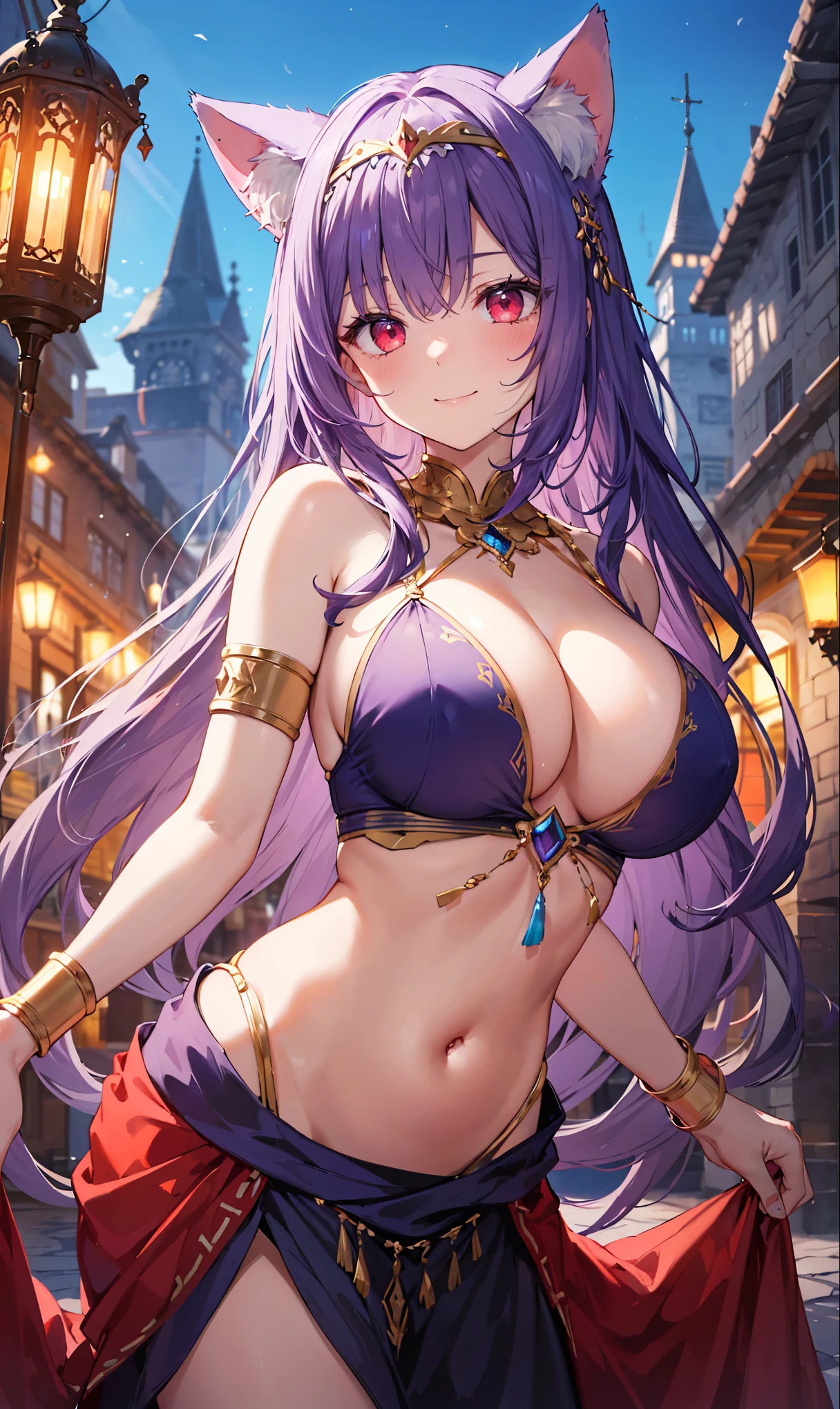 high quality, ultra detailed, best quality, insanely detailed, beautiful, masterpiece, 1girl, medieval plaza, night, cowboy shot, red eyes, long hair, purple hair, belly dancer, cat ears, circlet, armlets, bracelets, bashful smile, large breasts, cleavage, soft stomach