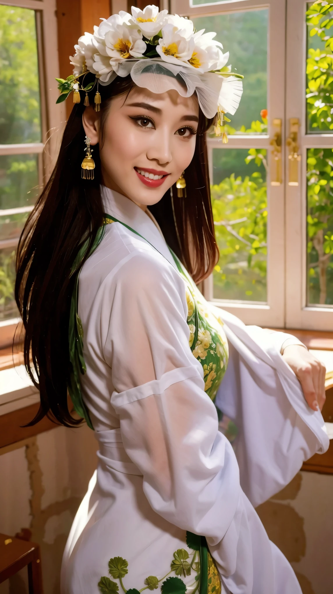 Fashion model 20 years old [[[[close up]]]], [[[[neck]]]], [[[[Shoulder]]]], Perfect eyes, Perfect iris，Perfect lips，Perfect Teeth，Perfect skin，White skin，Soft headlights，High-density imaging，Black long hair，（The face is clear and delicate），((White Chinese clothing))，((Sexy))，((Smile))，((The background is indoors))，((There are green trees and flowers outside the window))，best quality，masterpiece，（Soft colors：1.2）