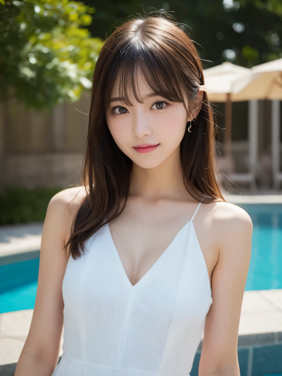 masutepiece, Best Quality, Illustration, Ultra-detailed, finely detail, hight resolution, 8K Wallpaper, Perfect dynamic composition, Beautiful detailed eyes, doress,Medium Hair, mid-chest, Natural Color Lip, Random and sexy poses,Smile, Blurred night pool background、20 years girl、Colossal 、Too much exposure、dress（white）、Exposing the chest、Slid、I keep my hair tied up