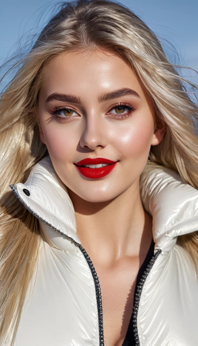 hyperrealistic beautiful busty 19-year-old woman with long legs wearing casual winter outfit with shiny white vinyl puffer coat, model shooting full body photography, bleached blonde very long straight hair, soaky wet skin, dark eye makeup with eyeliner, seductive smile, red lips, 8K, Best quality, Meisterwerk, ultra high resolution, (Realismus: 1.4), Originalfoto, (realistische Hautstruktur: 1.3), (Filmkorn: 1.3), (Selfie-Winkel), 1 girl, Beautiful round hazel eyes and facial details, Meisterwerk, Best quality, outdoor photography