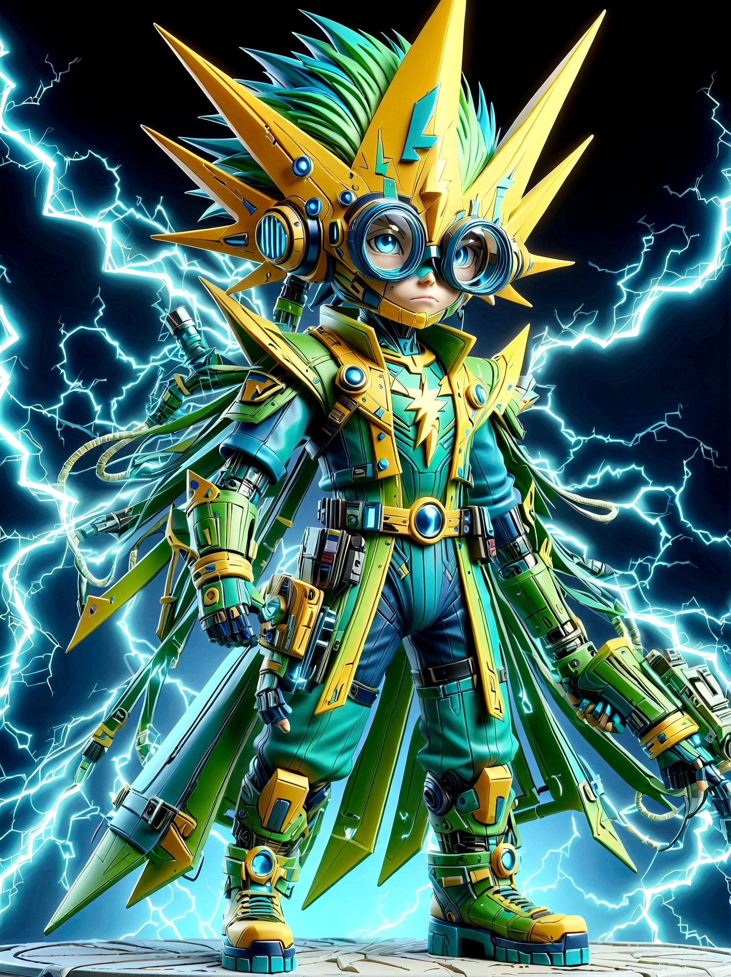 1boy, solo, Lightning energy,Electricity elements,Wearing a pointed headdress,Wearing large rectangular glasses,Blue Highlight Lightning,Wearing bright blue and green square clothing,High heel boots,Holding an electric weapon,Space starry sky background,Galactic battleship,Fighting Stance,Explosion,Best quality,Original,whole body,Cartoon Style,3D character rendering,Created with C4D and Blender,precise,Blind box toy style,Super Detail,Anatomically correct,masterpiece, 1djxz1