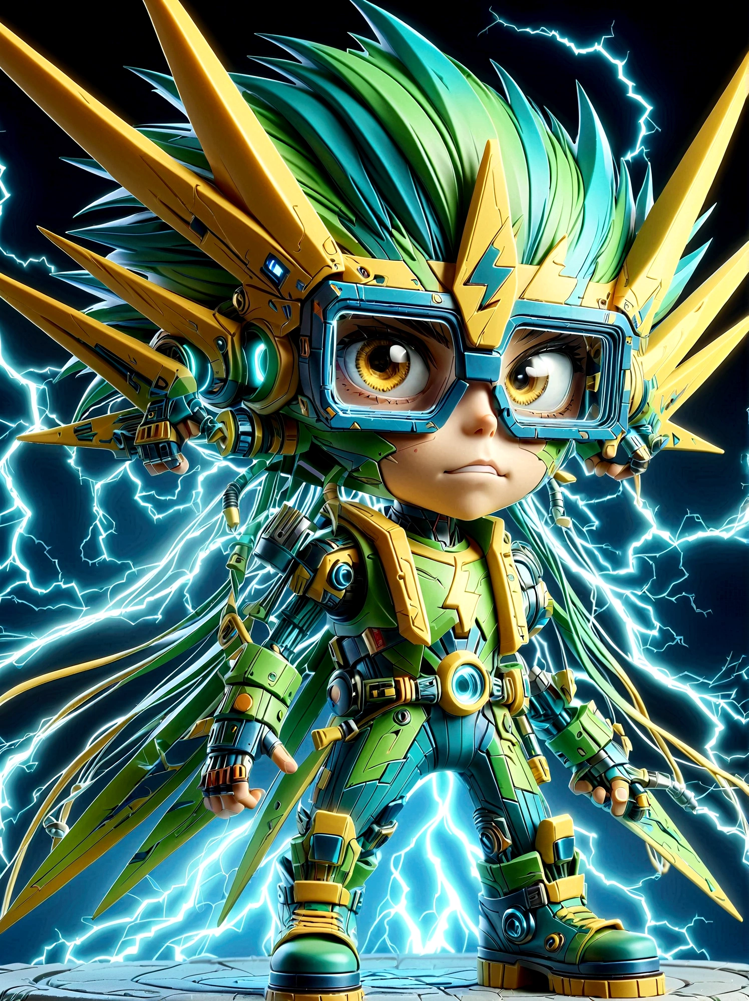 1boy, solo, Lightning energy，Electricity elements，Wearing a pointed headdress，Wearing large rectangular glasses，Blue Highlight Lightning，Wearing bright blue and green square clothing，High heel boots，Holding an electric weapon，Space starry sky background，Galactic battleship，Fighting Stance，Explosion，Best quality，Original，whole body，Cartoon Style，3D character rendering，Created with C4D and Blender，precise，Blind box toy style，Super Detail，Anatomically correct，masterpiece, 1djxz1