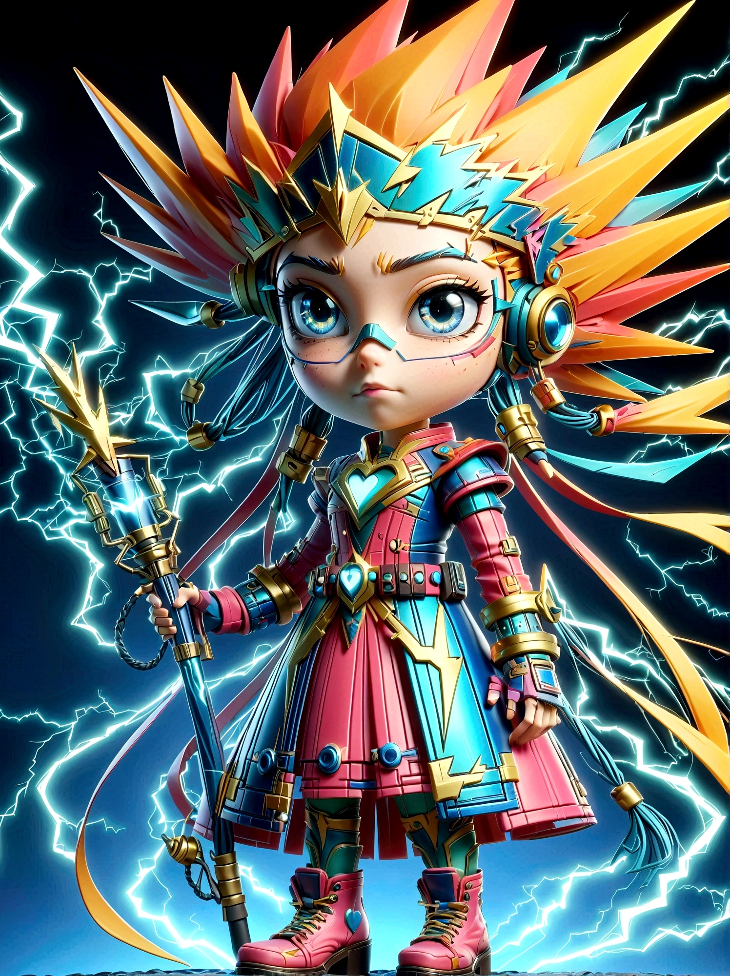 1girl, solo, Lightning energy，Electricity elements，Double ponytail，Love tiara，Wearing heart eye glasses，Blue Highlight Lightning，Wearing a bright pink and orange dress，High heel boots，Holding an electric love stick，Space starry sky background，Galactic battleship，Fighting Stance，Explosion，Best quality，Original，cowboy shot，Cartoon Style，3D character rendering，Created with C4D and Blender，precise，Blind box toy style，Super Detail，Anatomically correct，masterpiece, 1djxz1