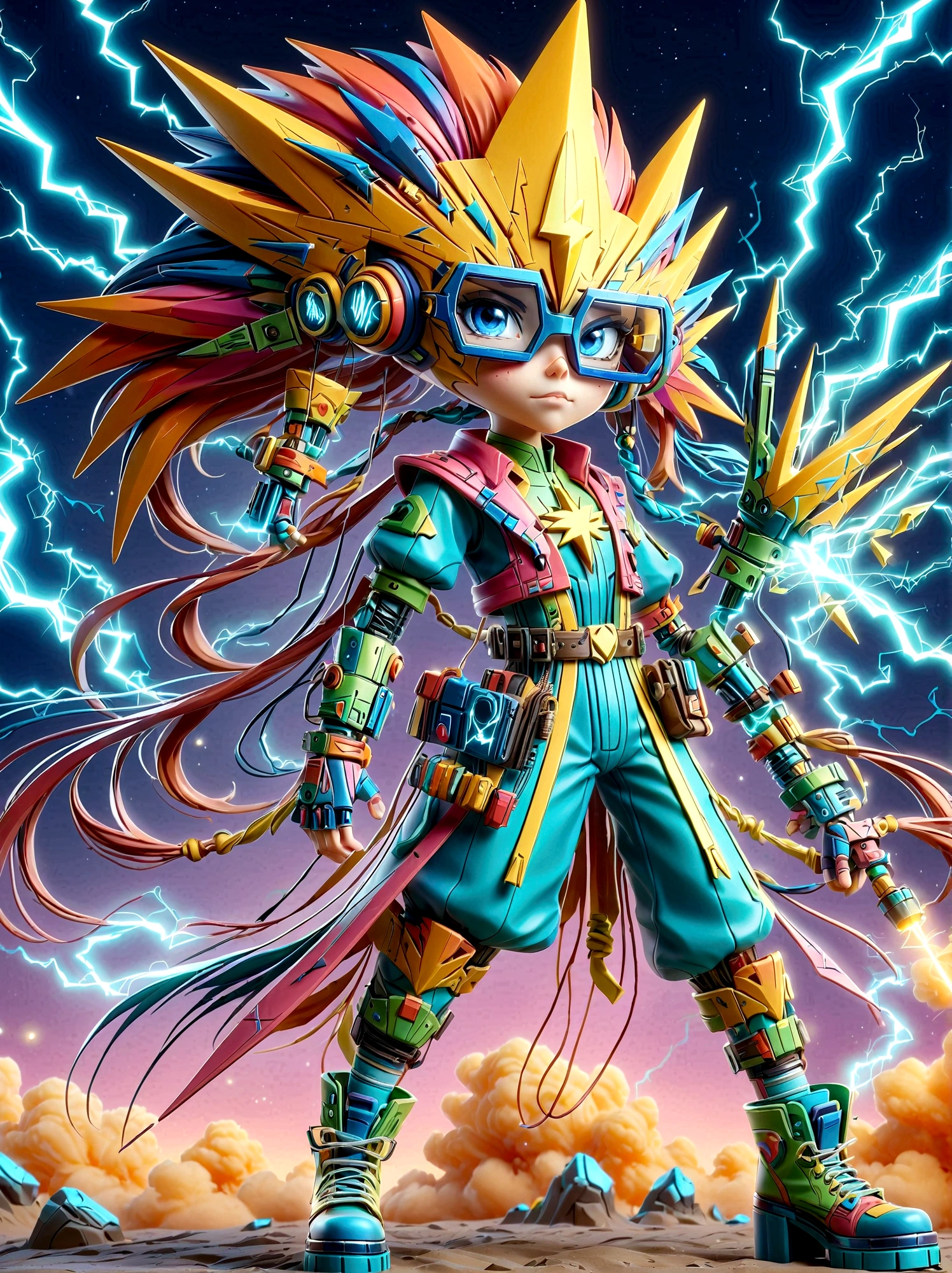 1girl, solo, Lightning energy,Electricity elements,Double ponytail,Love tiara,Wearing heart eye glasses,Blue Highlight Lightning,Wearing a bright pink and orange dress,High heel boots,Holding an electric love stick,Space starry sky background,Galactic battleship,Fighting Stance,Explosion,Best quality,Original,cowboy shot,Cartoon Style,3D character rendering,Created with C4D and Blender,precise,Blind box toy style,Super Detail,Anatomically correct,masterpiece, 1djxz1